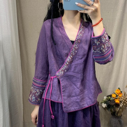 Buddhatrends Chinese Top Purple / One Size Esmeralda V-Neck Embroidered Wrap Blouse