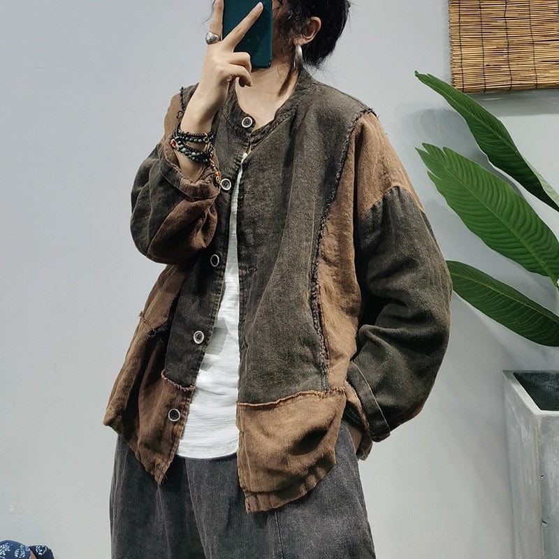 Buddhatrends Coffe / One Size Patchwork O-Neck Vintage Blouse Jacket
