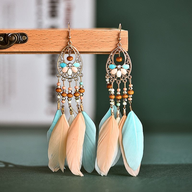 Buddhatrends Creamy Blue Boho Colorful Long Feather Earrings