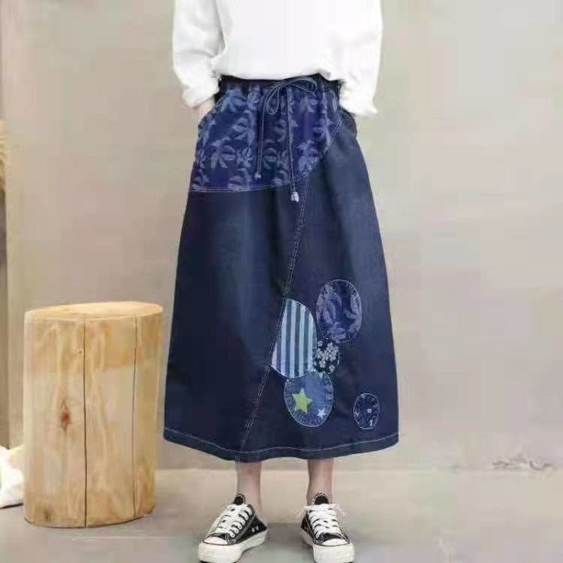 Buddhatrends Dark Blue / One Size Darin Denim Patchwork Skirt