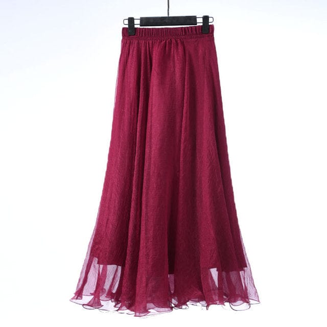 Buddhatrends Dark Red / 85CM Length Boho Ruffled Chiffon Skirt