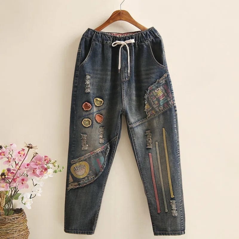 Джинсовые джинсы в стиле ретро с мультяшной вышивкой Buddhatrends Dark / S