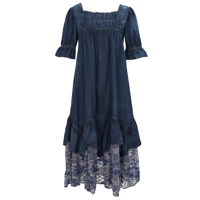 Buddhatrends Denim Dress Blue / M Floral Lace Ruffle Denim Dress