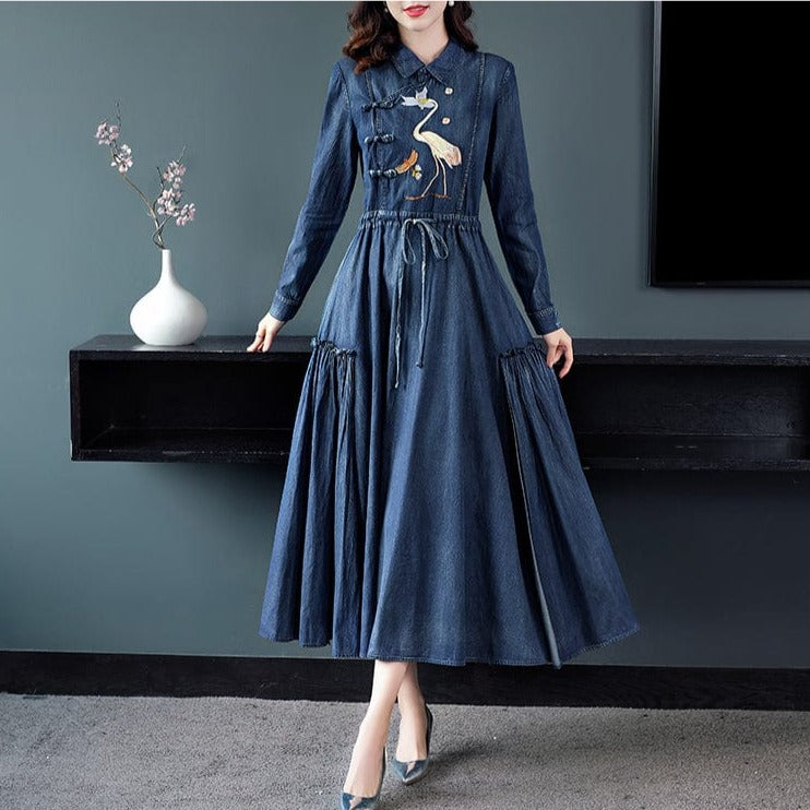 Niebieska sukienka dżinsowa Buddhatrends / S Haley Sukienka dżinsowa z długim rękawem