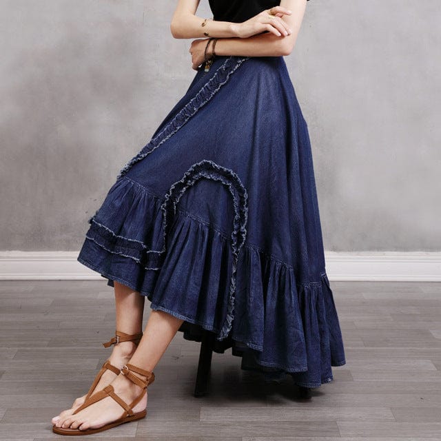 Gypsy Style Patchwork Pleated Denim Skirt