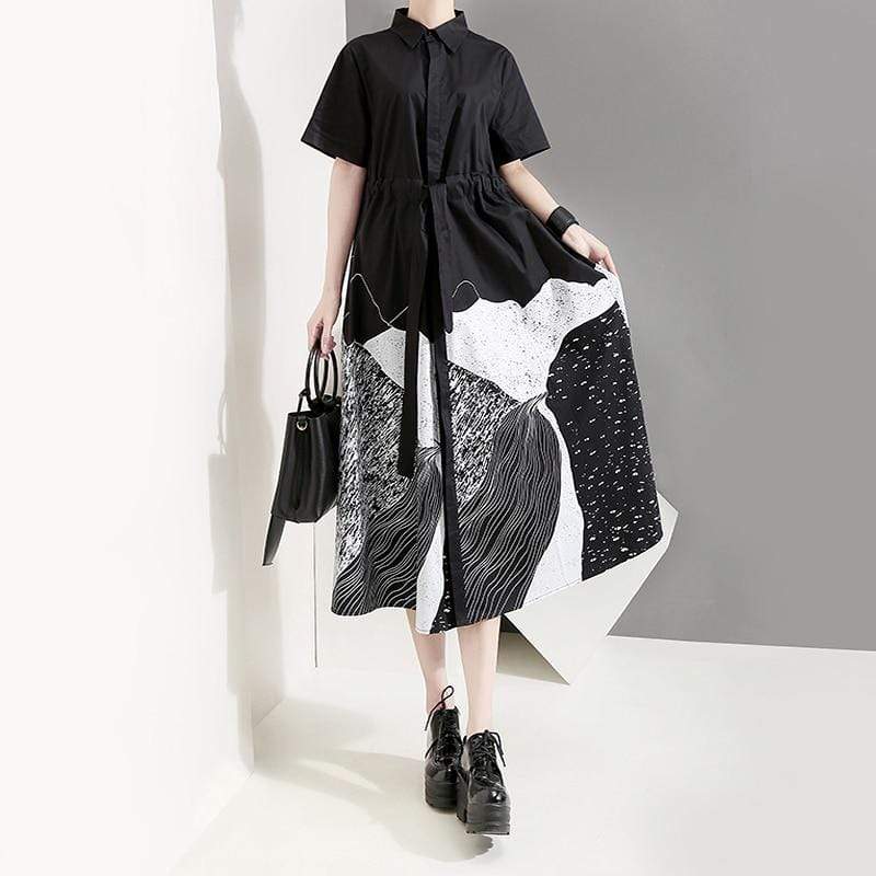 Buddhatrends Dress Black / One Size Paysane Black and White Abstract Shirt Dress | Millennials