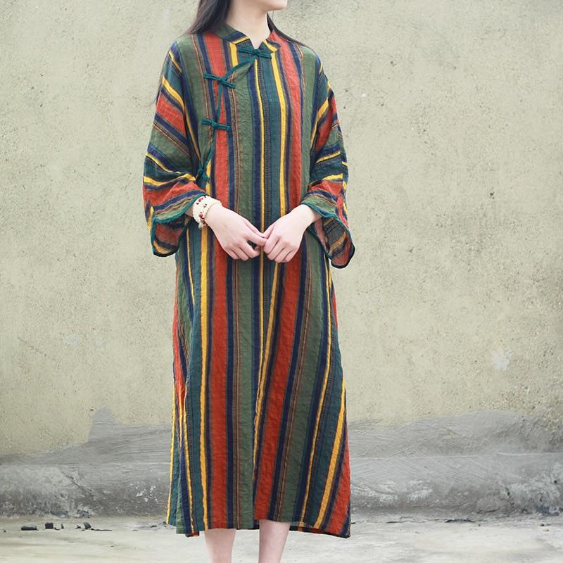Buddhatrends Dress Earth Signs Robe Chinoise Rayée