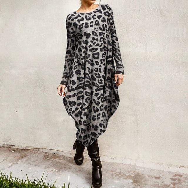 Vestido Buddhatrends Gray Leopard / 5XL Luna Asymmetrical Plus Size Dress