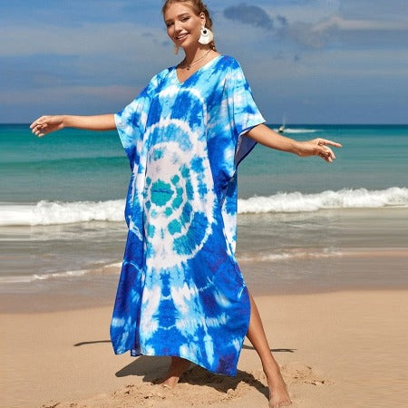 Buddhatrends Kleider Blau-weißes Batik-Hippie-Kleid