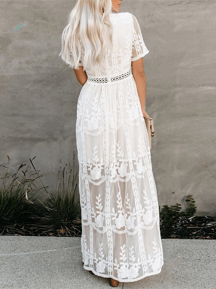 Buddhatrends Dresses Boho Embroidered Lace Maxi Dress