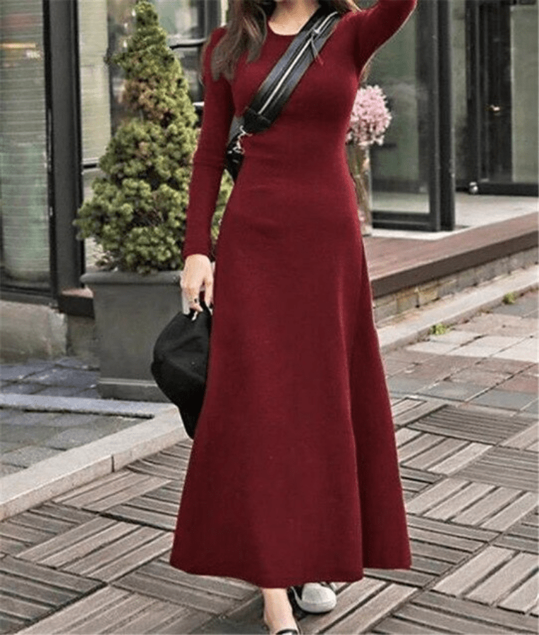 Платья Buddhatrends Бордовый красный / XL Зимнее платье больших размеров с длинным рукавом
