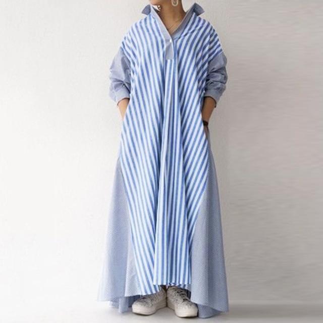 فساتين Buddhatrends فستان قميص مخطط أزرق فاتح / S زائد الحجم