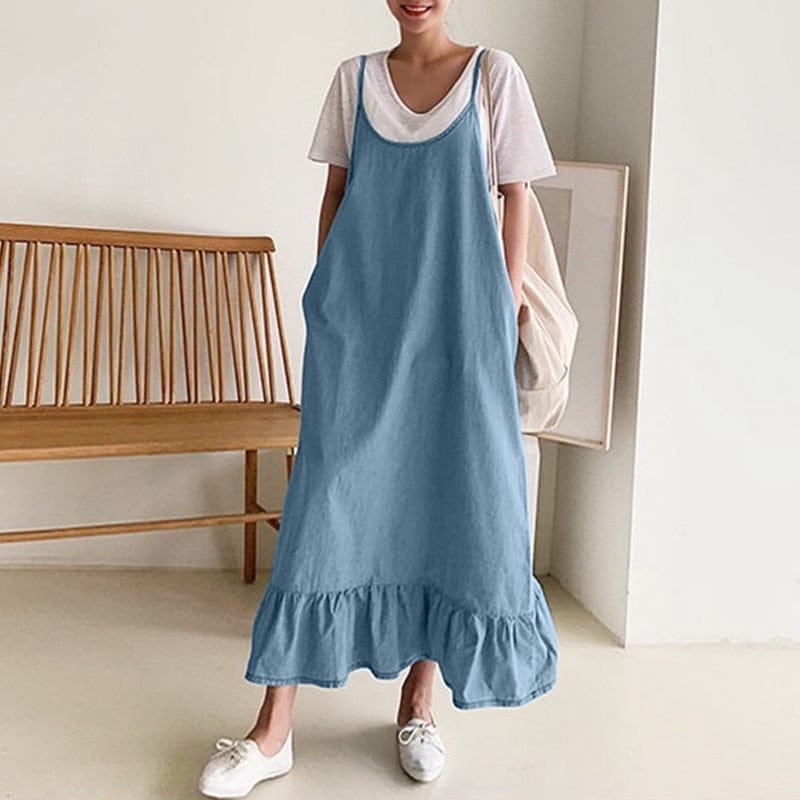 Buddhatrends Kleider Hellblau / S Sommerkleid Vintage Rüschen Jeanskleid