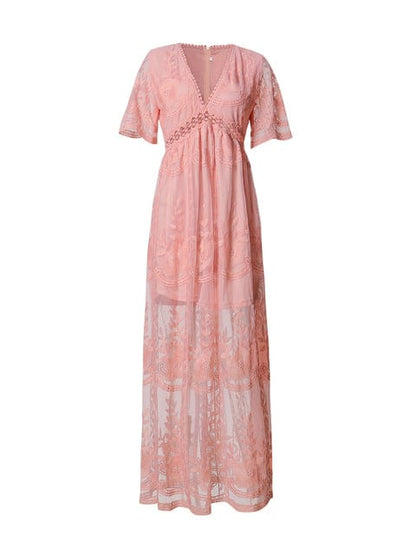 Buddhatrends Dresses Pink / M Boho Embroidered Lace Maxi Dress