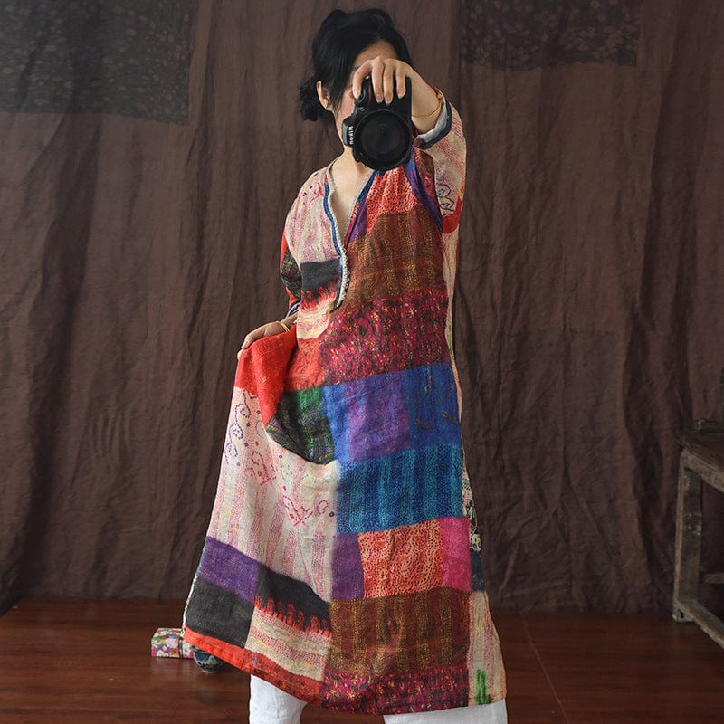 Buddhatrends Kleider Ramie Patchwork-Kleid mit V-Ausschnitt