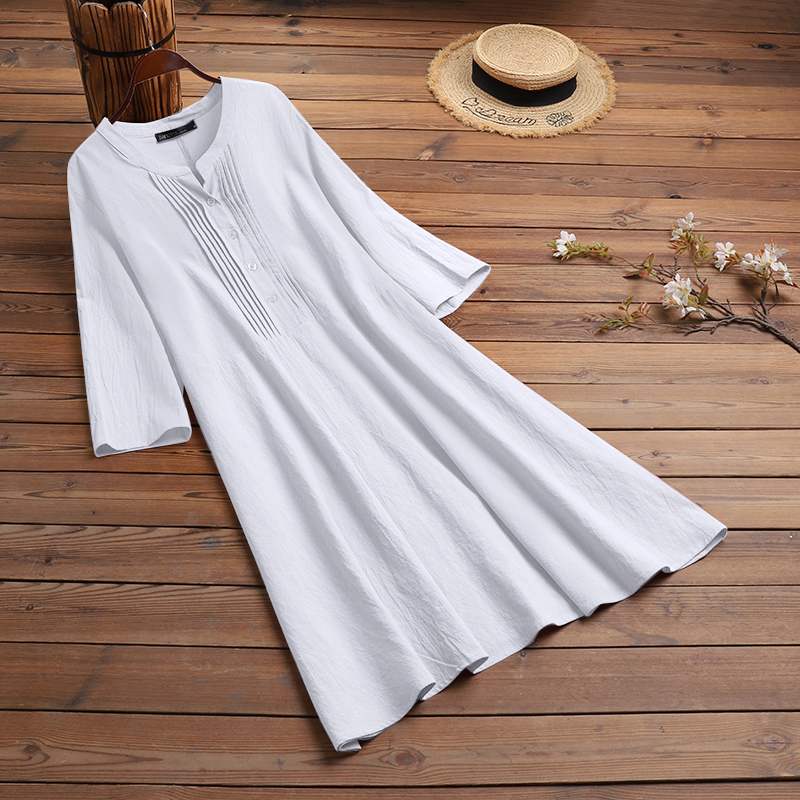 Buddhatrends Dresses white / S Elegant Pleated Cotton Shirt Dress
