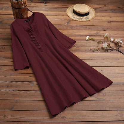 Buddhatrends Dresses Wine Red / S Elegant Pleated Cotton Shirt Dress