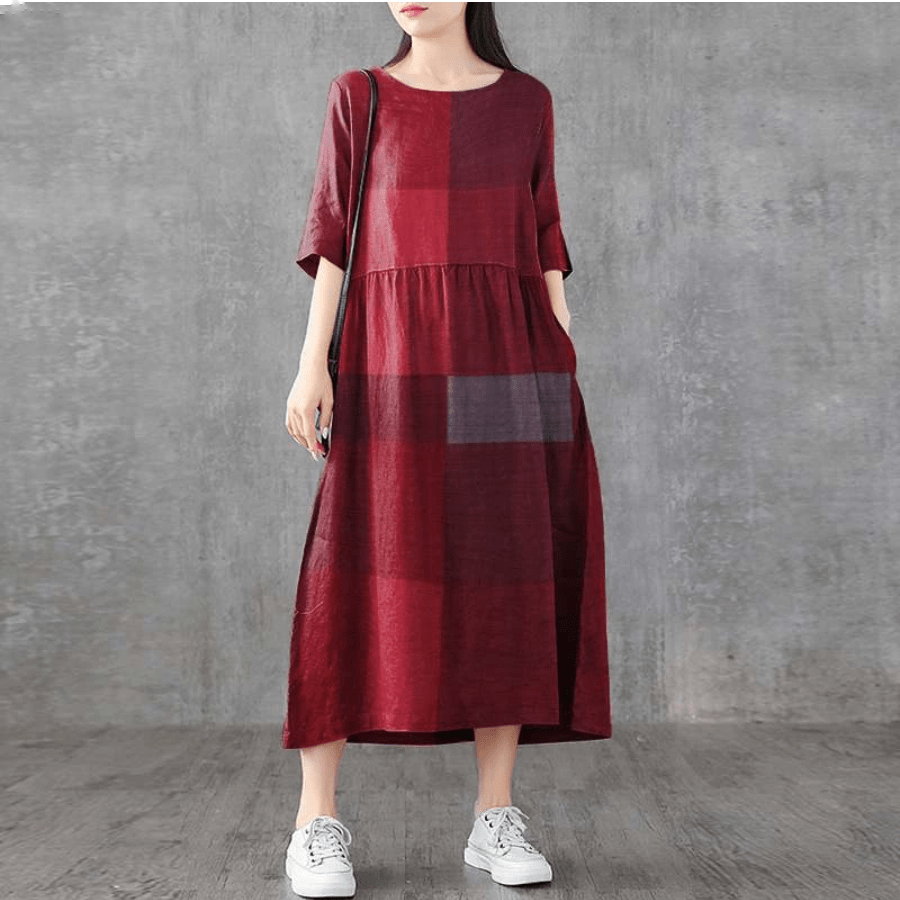 Сукні Buddhatrends Wine Red / S Lina Vintage Plaid Midi Dress