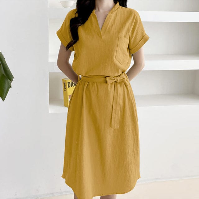 Buddhatrends Dresses Yellow / L Elena Knee-length Belted Short Sleeve Dress