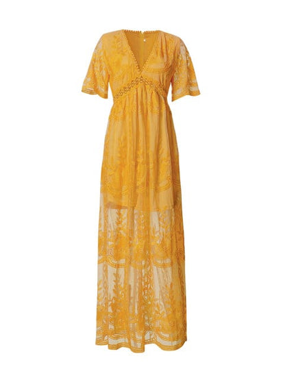 Buddhatrends Dresses Yelow / M Boho Embroidered Lace Maxi Dress