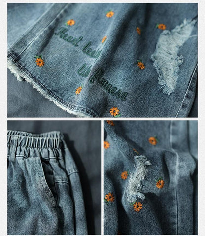 Buddhatrends Embroidery Ripped Denim Pants