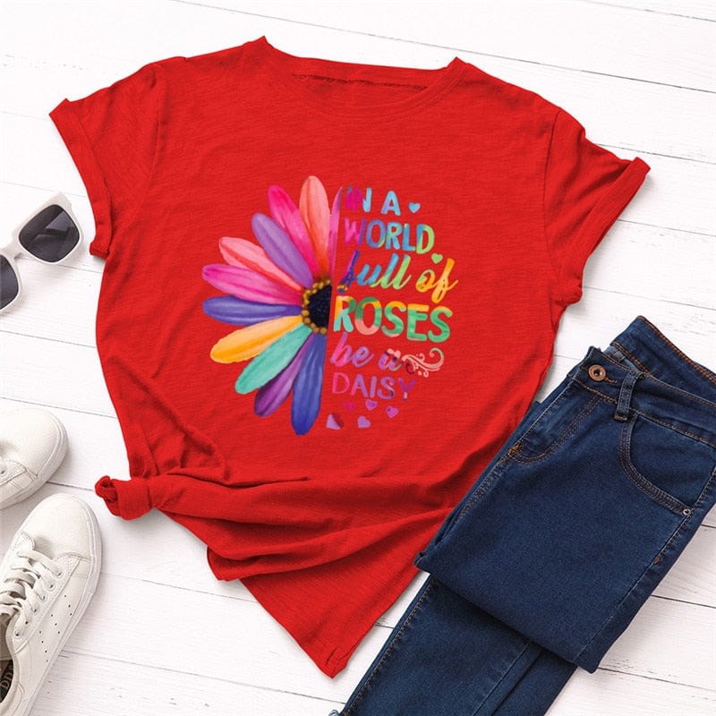 Buddhatrends F0002-Red / S Daisies O Neck Short Sleeve Tees