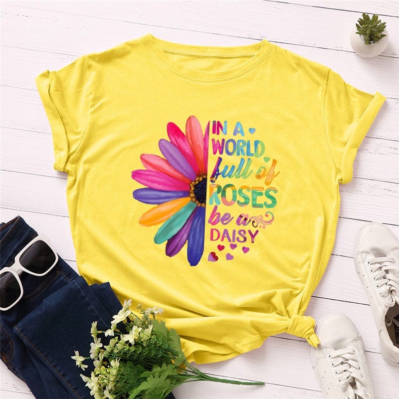 Buddhatrends F0002-Yellow / S Daisies O Neck Short Sleeve Tees