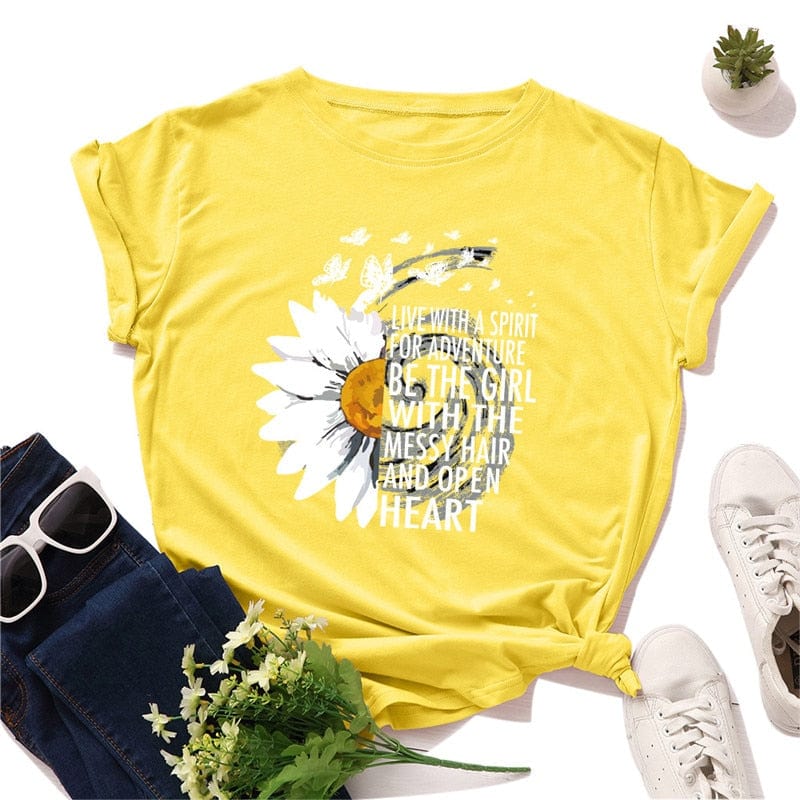 Buddhatrends F0027-T-shirt gialla / S con stampa margherita