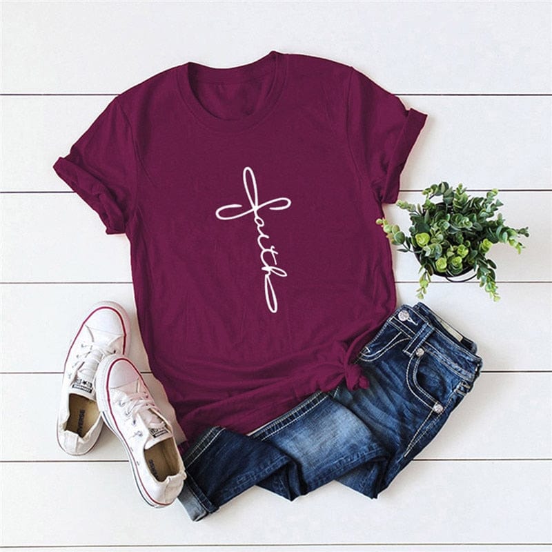 Buddhatrends F0039-Wine red / S Simple Faith Letter Cotton T-Shirt