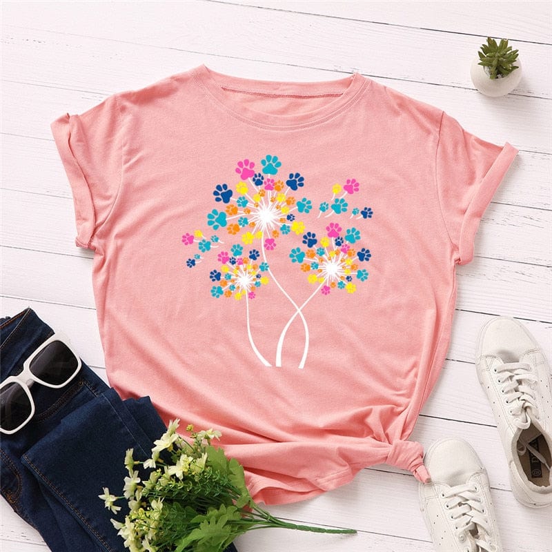 Buddhatrends F0168-Pink / S Dandelion Printed Cotton T-Shirt