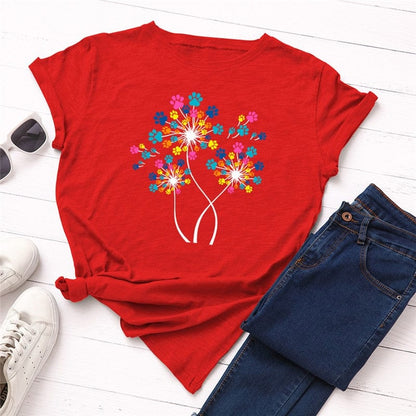 Buddhatrends F0168-Red / S Dandelion Printed Cotton T-Shirt