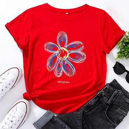 Buddhatrends F0230-Red / S Blue Flower Printed T-Shirt