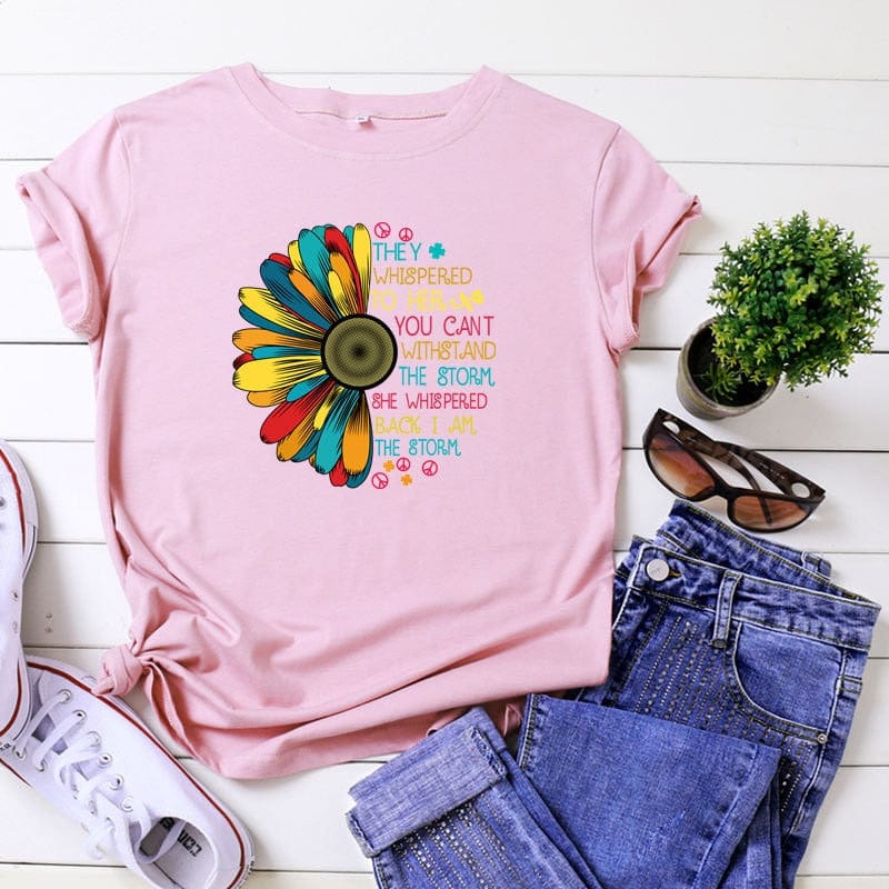 Buddhatrends F0232-Pink / S Sunflower Printed O Neck Tee