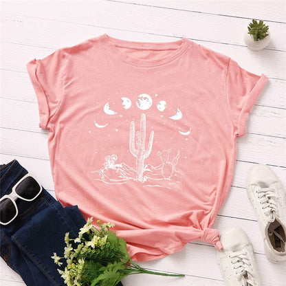 Buddhatrends F0268-Pink2 / S Moon Cactus Loose Cotton T-Shirt