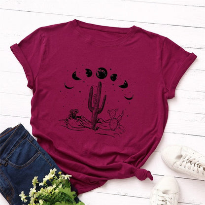 Buddhatrends F0268-Wine red / S Moon Cactus Loose Cotton T-Shirt