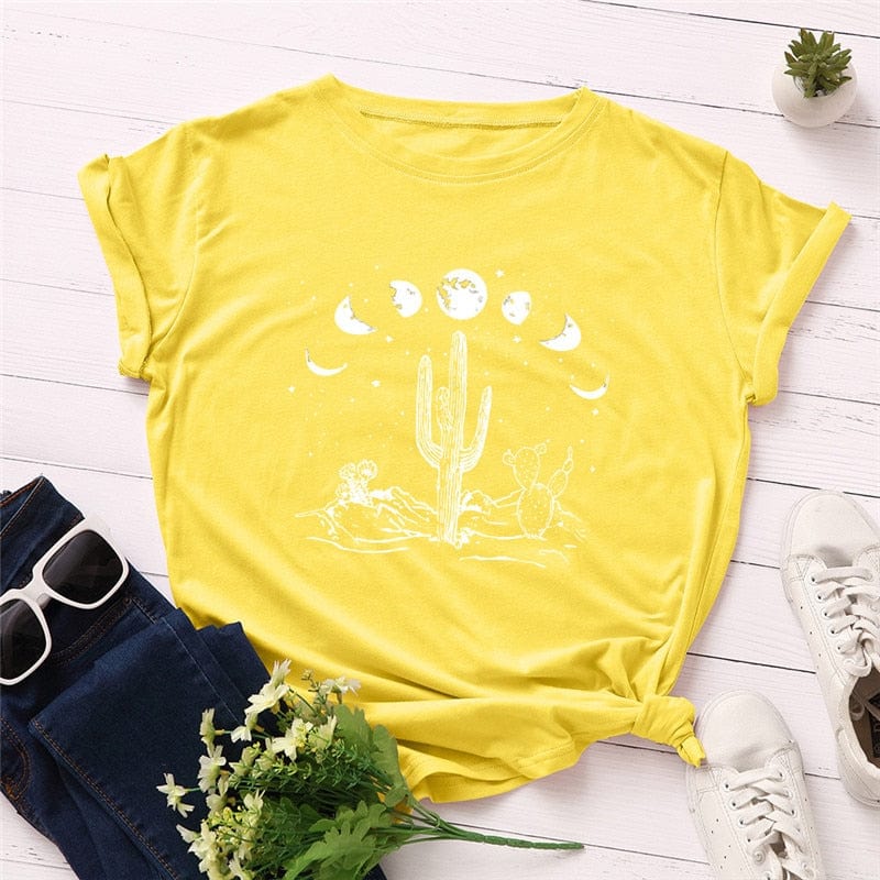 Buddhatrends F0268-Yellow2 / S Moon Cactus Loose Cotton T-Shirt