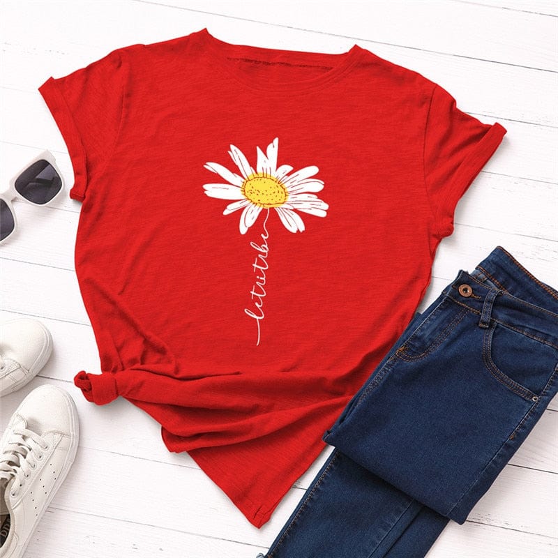 Buddhatrends F0363-Red / S Daisy Printed Short Sleeve Tee