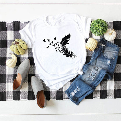 Buddhatrends F0458-White / S Soft Feather Short Sleeve O-Neck Tee