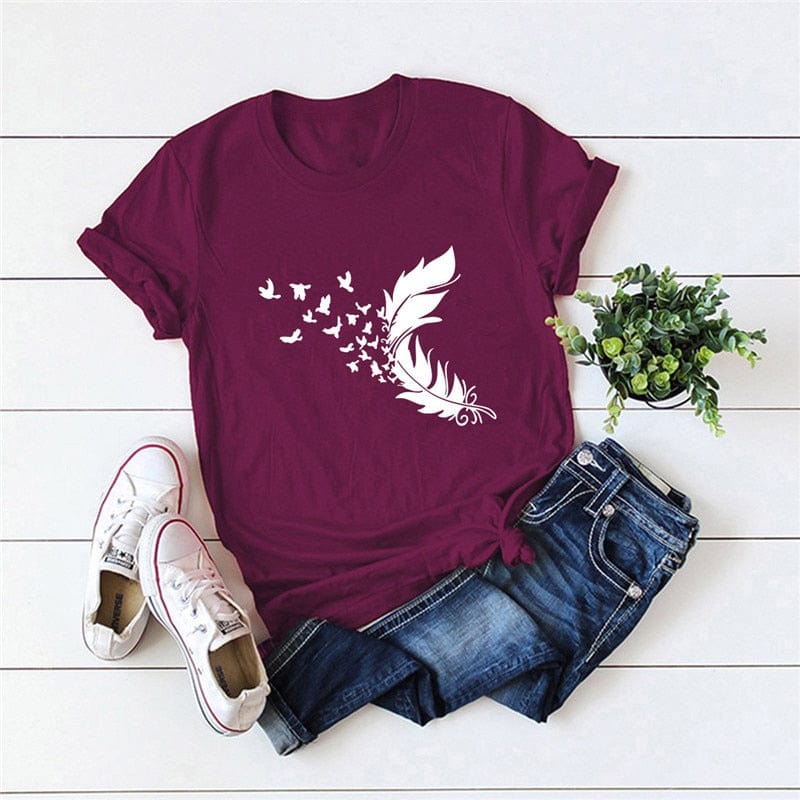 Buddhatrends F0458-WineRed / S Soft Feather Short Sleeve O-Neck Tee