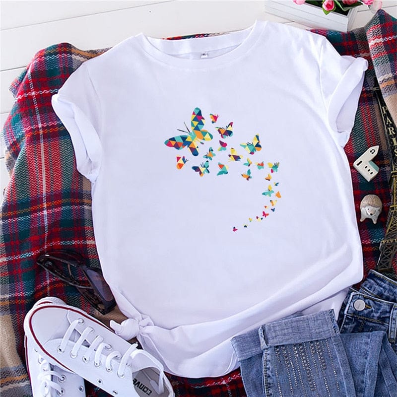 Buddhatrends F0535-White / S Butterflies Printed O Neck Tees