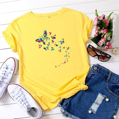 Buddhatrends F0535-Yellow / S Butterflies Printed O Neck Tees