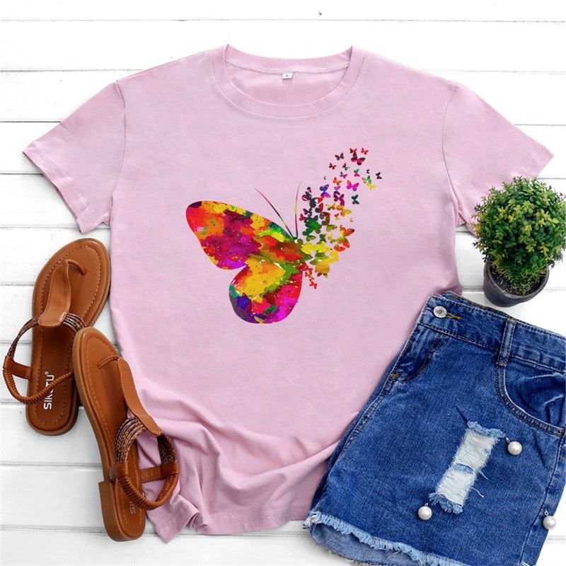 Buddhatrends F0639-Rose / T-shirt imprimé papillon à col rond S