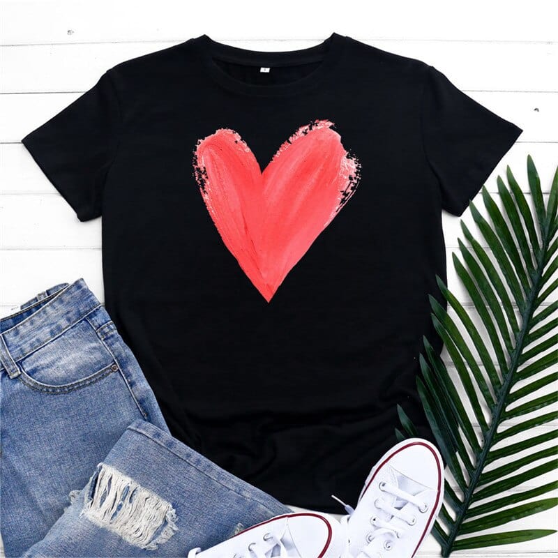 Buddhatrends F0641-Black / S Graphic Printed Heart  O Neck Tee