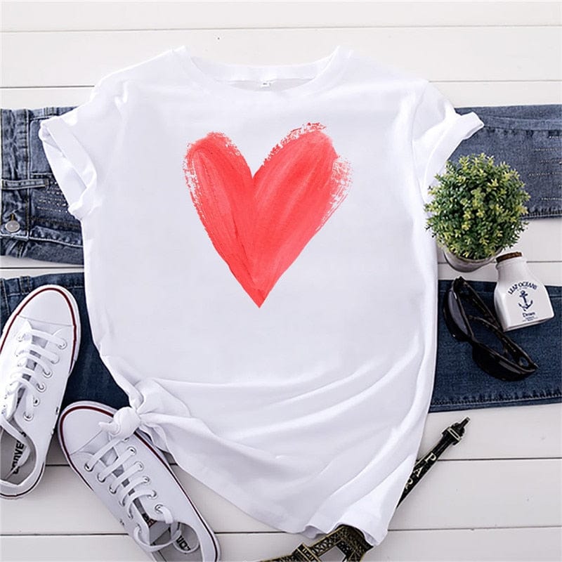Buddhatrends F0641-White / S Graphic Printed Heart  O Neck Tee