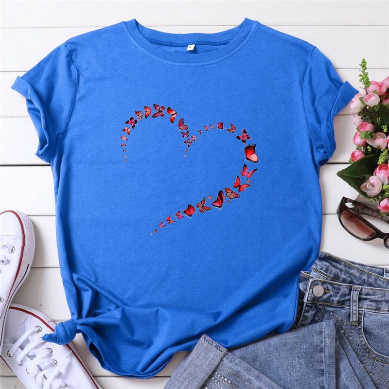 Buddhatrends F0751-Blue / S Butterfly Heart Printed T-Shirt