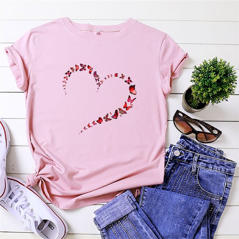 Buddhatrends F0751-Pink / S Butterfly Heart Printed T-Shirt