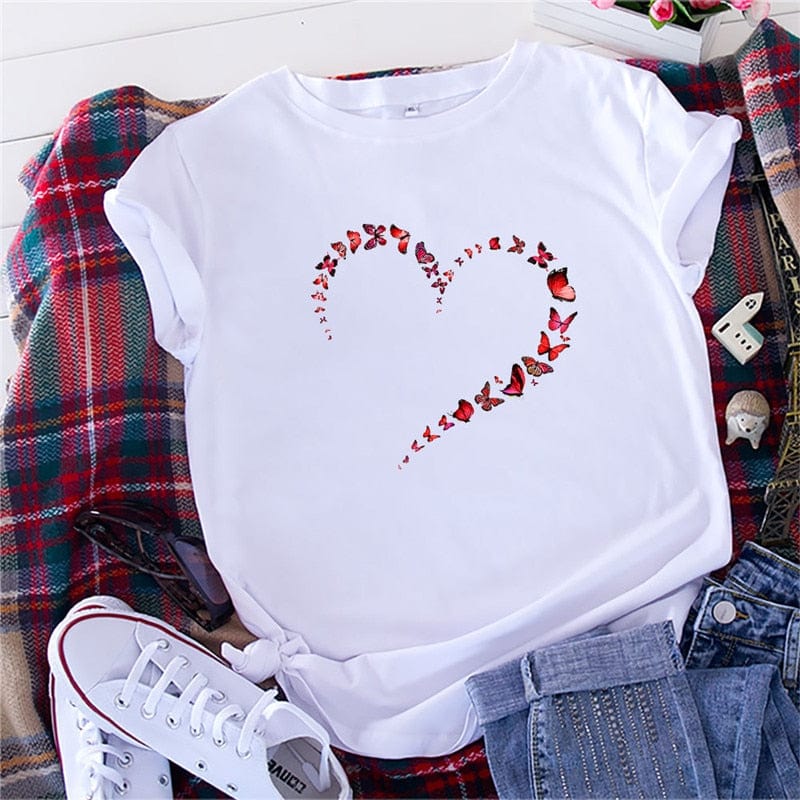 Buddhatrends F0751-White / S Butterfly Heart Printed T-Shirt