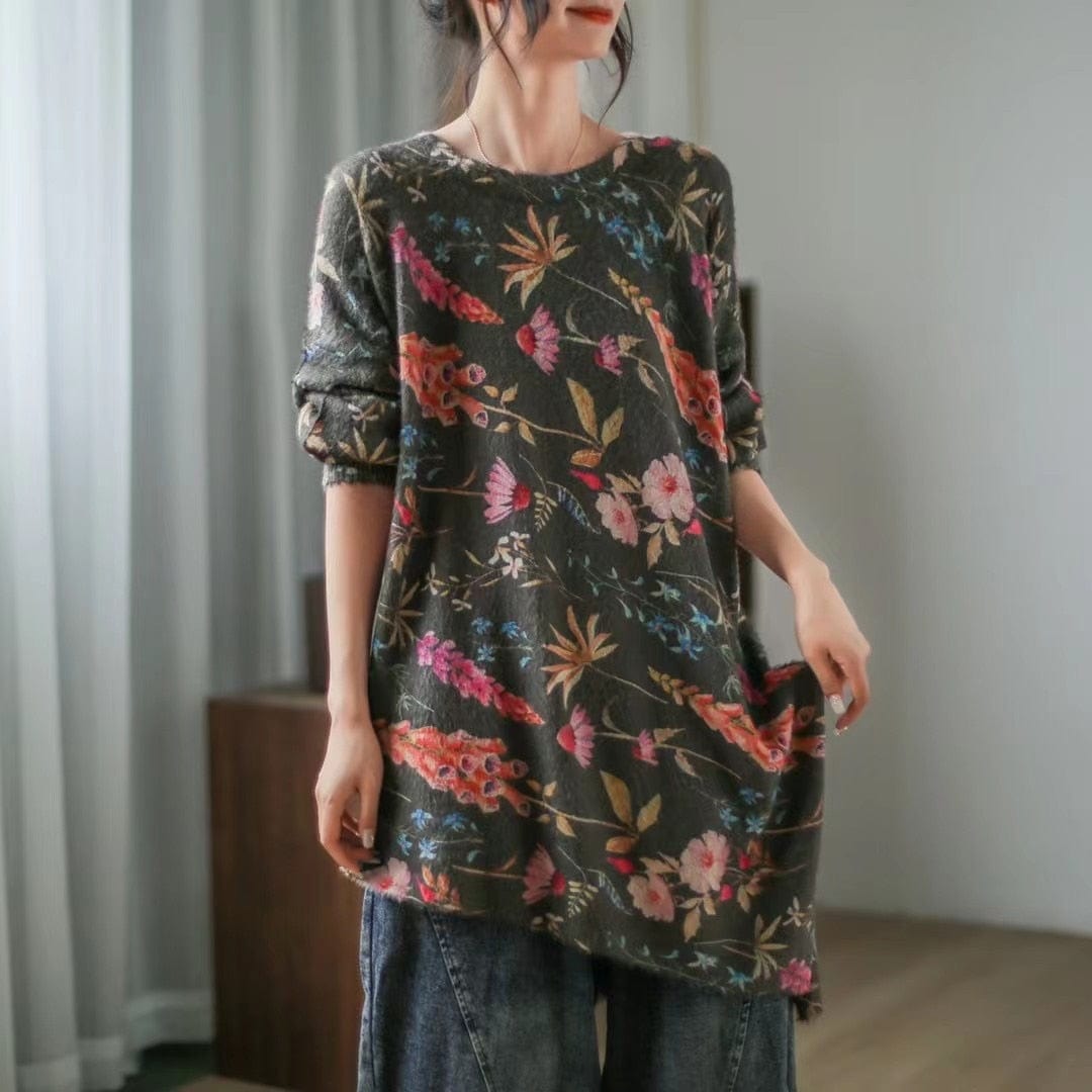 Suéter con cuello en O irregular floral de Buddhatrends