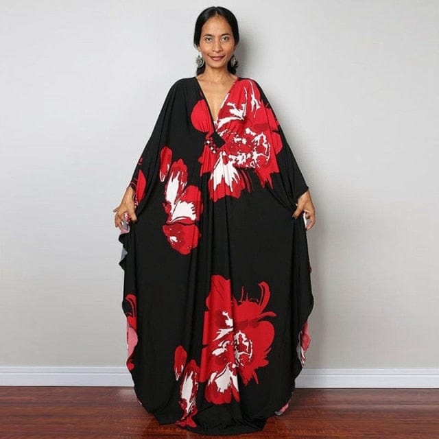 Vestido caftán floral de Buddhatrends Vestido caftán floral negro y rojo Dahlia