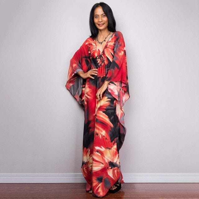 Платье-кафтан с цветочным принтом Buddhatrends Роскошное красное платье-кафтан с V-образным вырезом